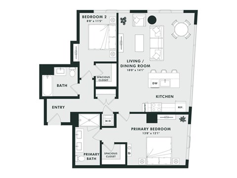 Floor plan for 2 beds, 2.5 baths, 1173 sqft